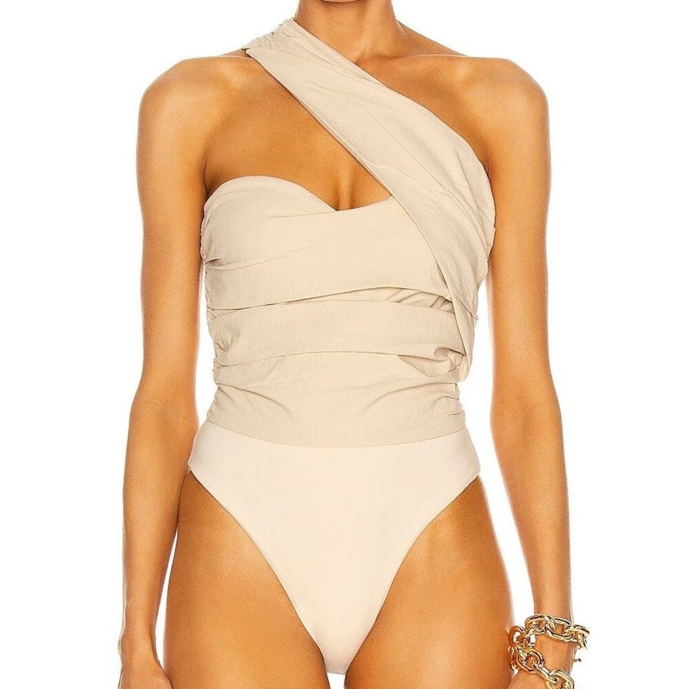 Atoir Never Really Over One Shoulder Ruched Bodysuit Size 2 Tan Cocktail Party